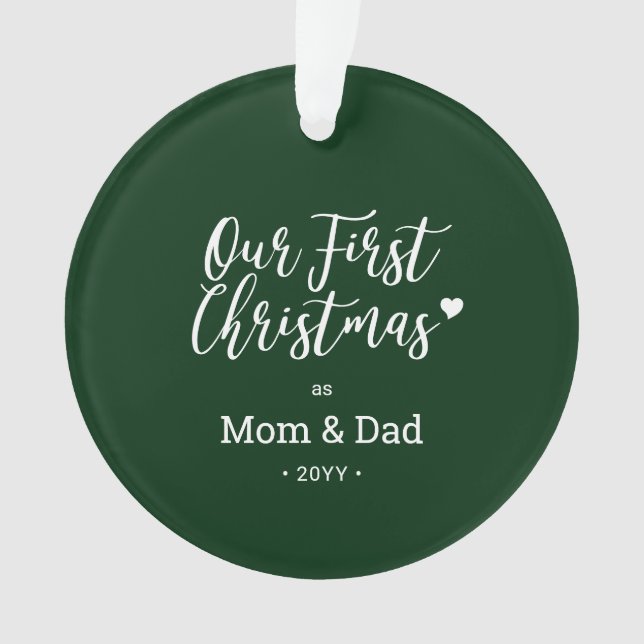 Green & White Mom Dad First Christmas Photo Ornament (Front)