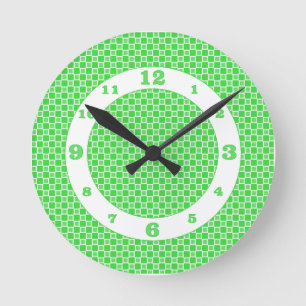 Green White Monochromatic Checks Round Clock