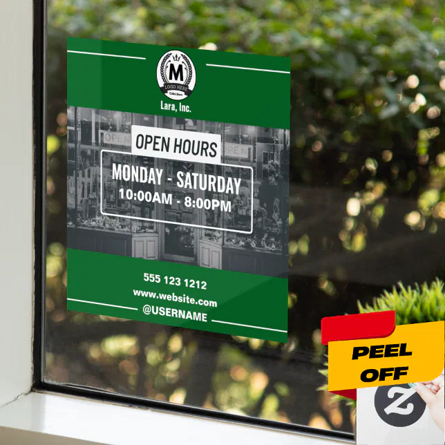 Green White Monochrome Simple Open Hours Store Window Cling | Zazzle