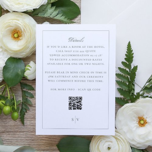 Green White Monogram QR CODE Elegant Wedding Enclosure Card