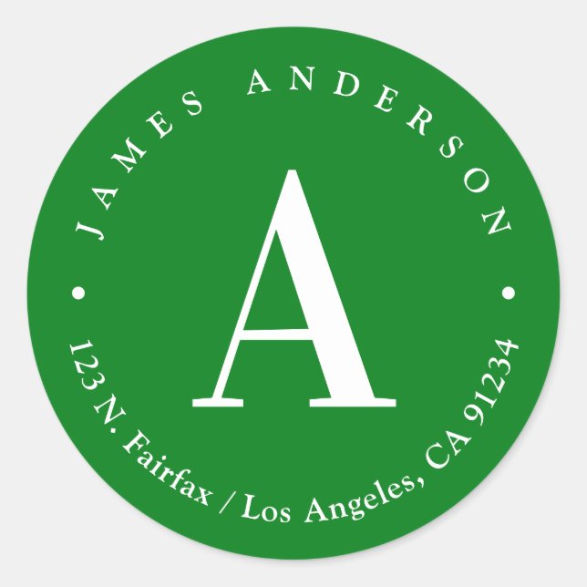 Green & White | Monogram Return Address Classic Round Sticker (Front)