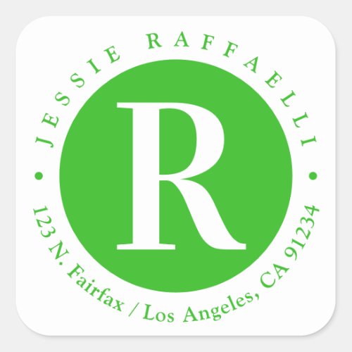 Green  White  Monogram Return Address Square Sticker