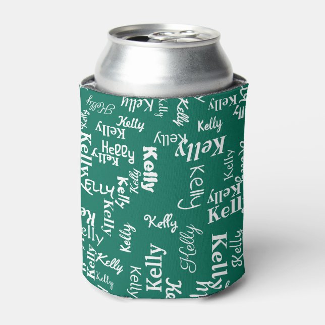 Green White Monogrammed First Name Fun Cute Can Cooler (Can Front)