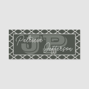 Green & White Moroccan Quatrefoil Pattern Monogram Name Tag
