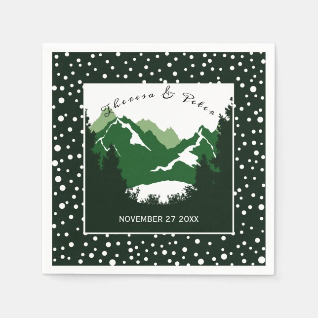 Green, white mountains and polka dots wedding napkins (Front)