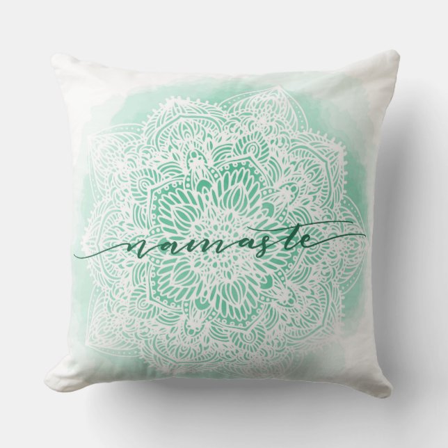 Green White Namaste Throw Pillow (Front)