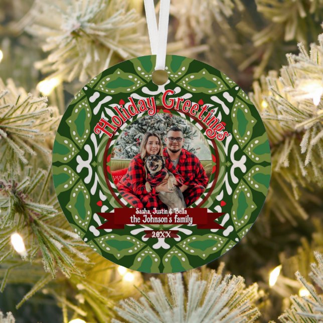 Green White Natal Holiday Energy Custom Photo Metal Ornament (Insitu)