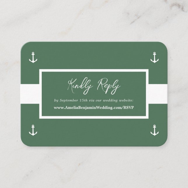 Green White Nautical Pattern Website Wedding RSVP Enclosure Card (Front)