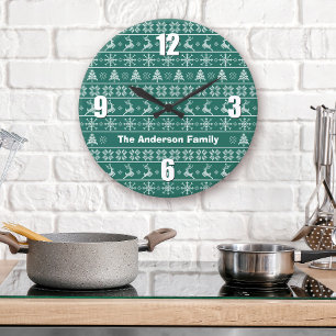 Green White Nordic Knit Ugly Sweater Name Modern Large Clock