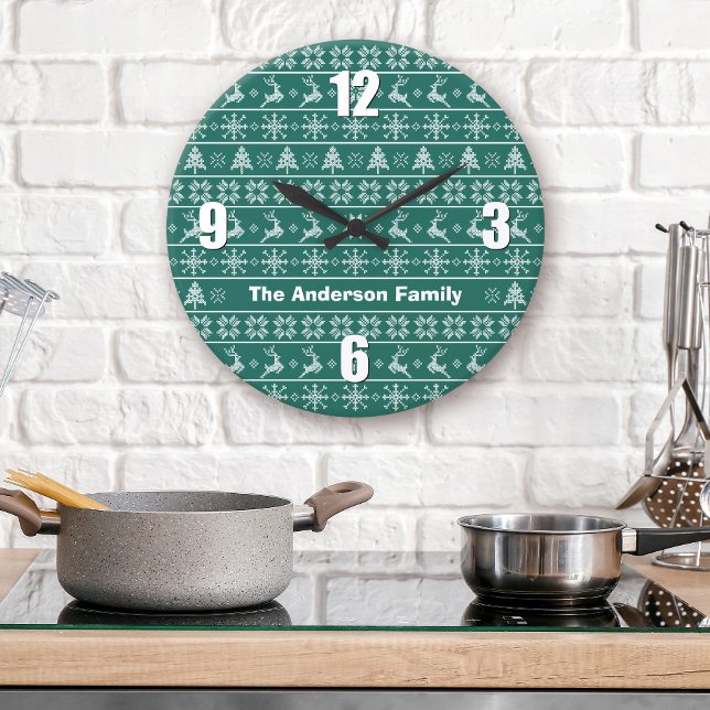 Green White Nordic Knit Ugly Sweater Name Modern Large Clock (Creator Uploaded)