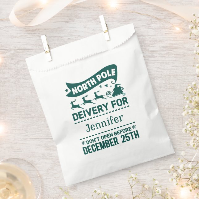 GREEN & White North Pole SANTA Delivery Name  Favor Bag (Clipped)