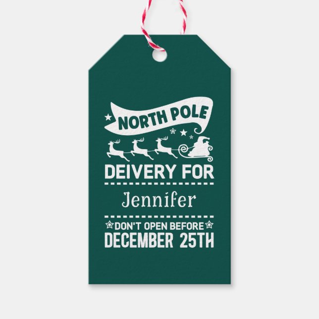 GREEN & White North Pole SANTA Delivery Name  Gift Tags (Front)