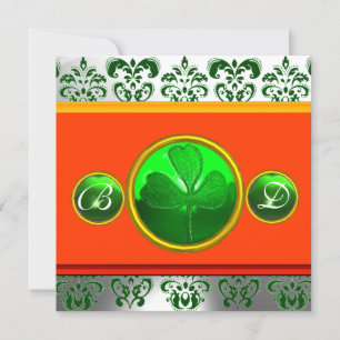 GREEN WHITE ORANGE DAMASK ,SHAMROCK MONOGRAM INVITATION