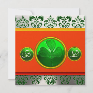 GREEN WHITE ORANGE DAMASK ,SHAMROCK MONOGRAM INVITATION