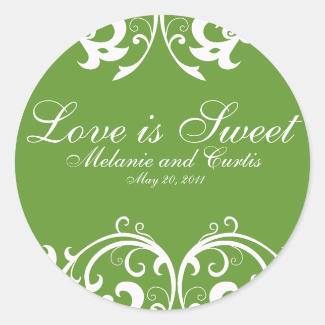 Green White Ornate Love Is Sweet Classic Round Sticker (Front)