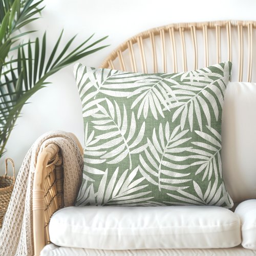 Green  White Palm Leaf Throw Pillow