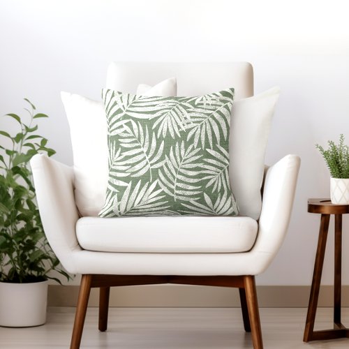 Green  White Palm Leaf Throw Pillow