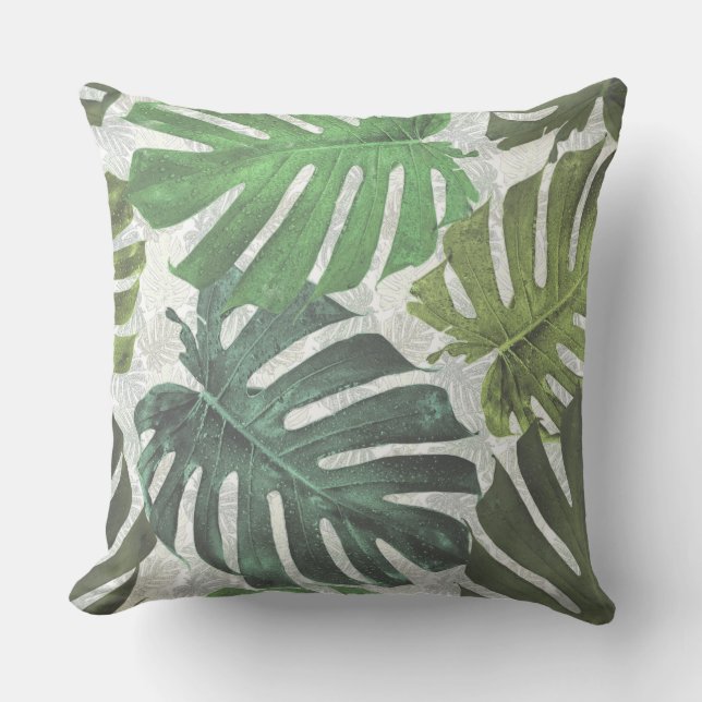 Green & White Palm Tropical Leaves Pattern Throw Pillow (Front)