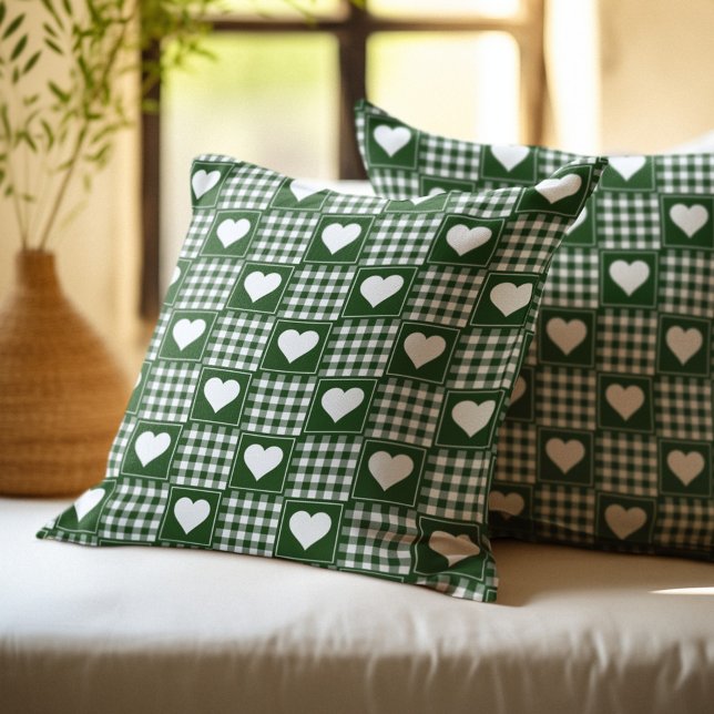 Green White Patchwork Hearts Pattern Throw Pillow (Creator Uploaded)