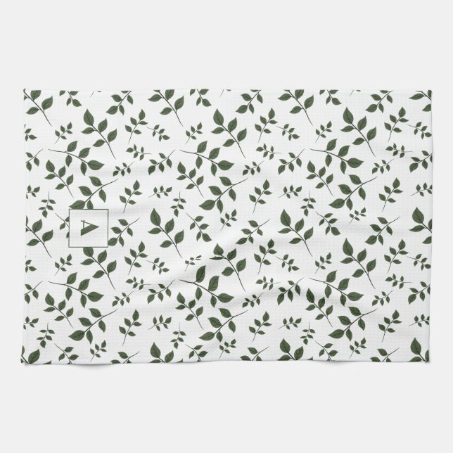 Green white pattern leaves monogram kitchen towel (Horizontal)