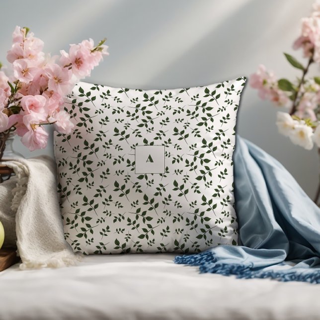 Green white pattern leaves monogram throw pillow (Creator Uploaded)