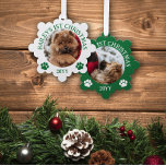 Green White Paw Prints Puppy's 1st Christmas Ornament Card<br><div class="desc">Snowflake shaped photo ornament with a round photo of your puppy with curved text and cute paw prints in green and white.</div>