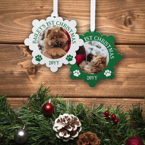 Green White Paw Prints Puppys 1st Christmas Ornament Card