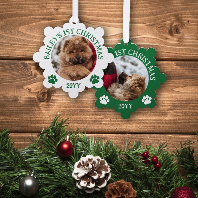 Green White Paw Prints Puppy's 1st Christmas Ornament Card (Creator Uploaded)