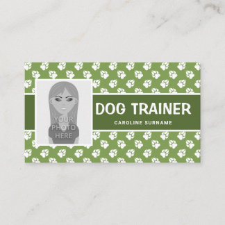 Green & White Paws & Photo Template - Dog Trainer Business Card