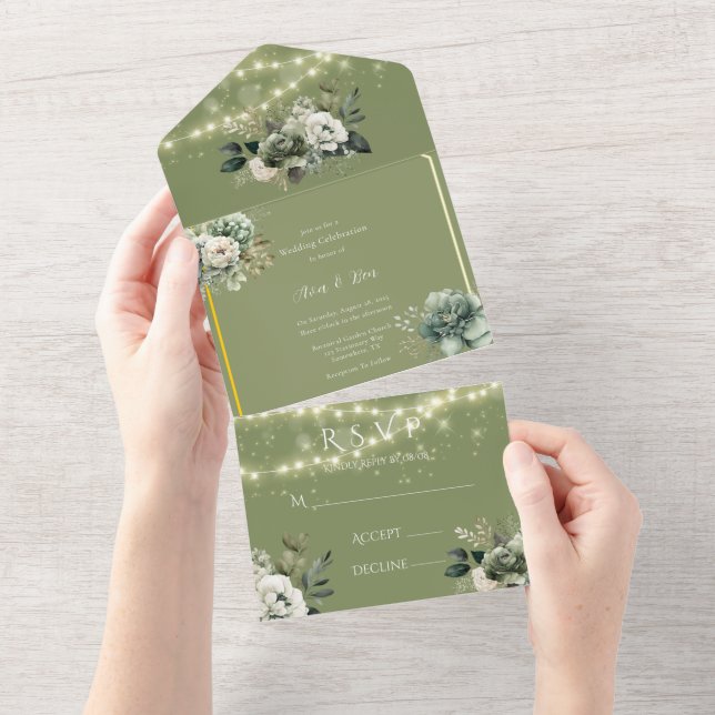 Green White Peony Lights Wedding All In One Invitation (Tearaway)