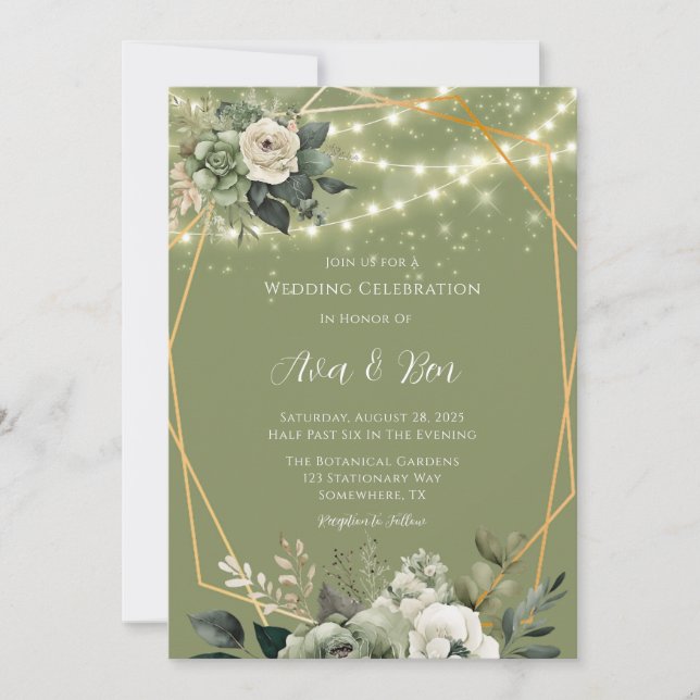 Green White Peony Lights Wedding Celebration  Invitation (Front)