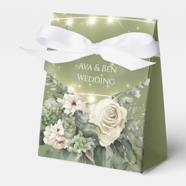 Green White Peony Lights Wedding Favor Boxes (Front Side)