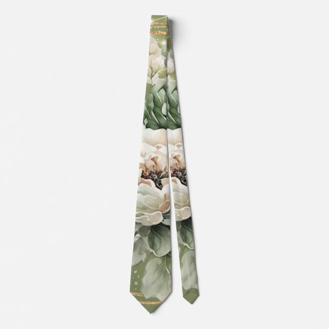 Green White Peony Lights Wedding Groom Neck Tie (Front)