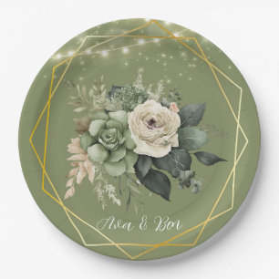 Green White Peony Lights Wedding Paper Plates