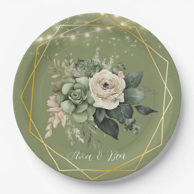 Green White Peony Lights Wedding Paper Plates (Front)