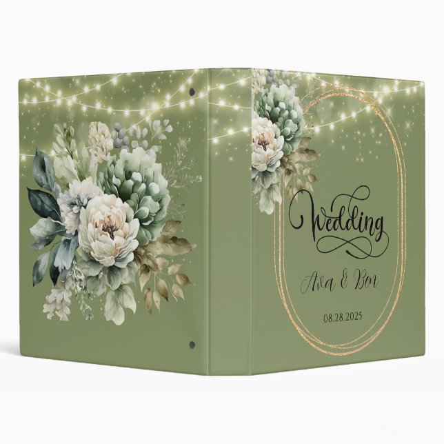 Green White Peony Lights Wedding Photo Album 3 Ring Binder (Background)