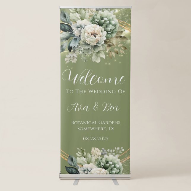 Green White Peony Lights Wedding Welcome Sign (Front)