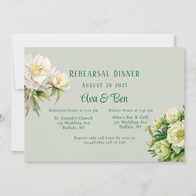 Green White Peony Rehearsal Dinner Invitation (Front)