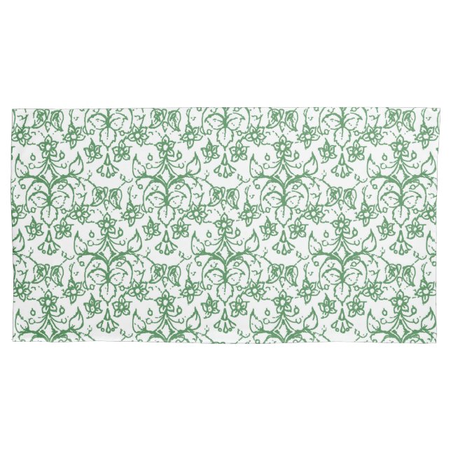 Green White Periwinkles Floral Lace-like Pattern Pillow Case (Front-Left)