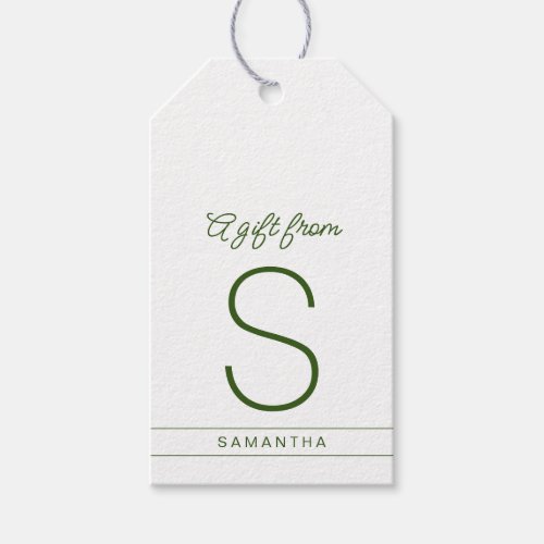 Green White Personalized Modern Name Initial Gift Tags