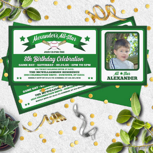 Green & White Photo Baseball Game Ticket Birthday Invitation