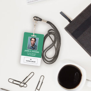 Green White Photo & Logo Employee ID Badge