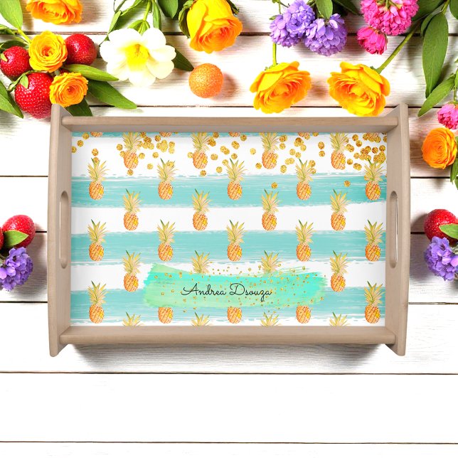 Green White Pineapple Glitter Gold Serving Tray (Creator Uploaded)