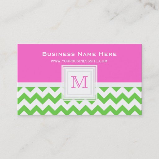 Customizable Green White Pink Chevron: Monogram Business Card