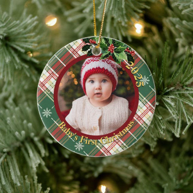 Green White Plaid | Baby's First Christmas Photo Ceramic Ornament (Tree)
