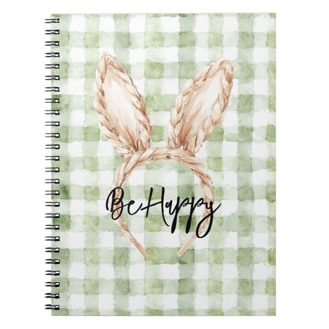 Green White Plaid Be Happy Bunny Ears Notebook (Front)