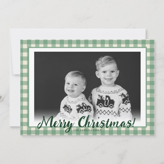 Green & White Plaid Custom Photo Christmas  Holiday Card (Front)