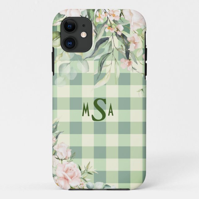 Green & White Plaid Gingham Floral Monogram Case-Mate iPhone Case (Back)