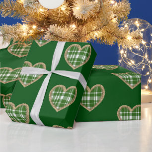 Green White Plaid Gold Glitter Heart Holiday Wrapping Paper
