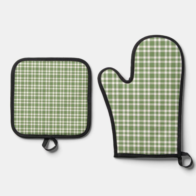 Green White Plaid Pattern Oven Mitt & Pot Holder Set (Front)